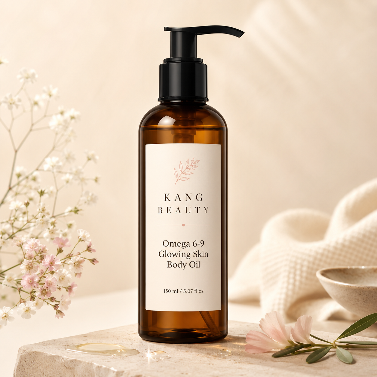 Kang Beauty body oil in a warm, softly lit lifestyle photo