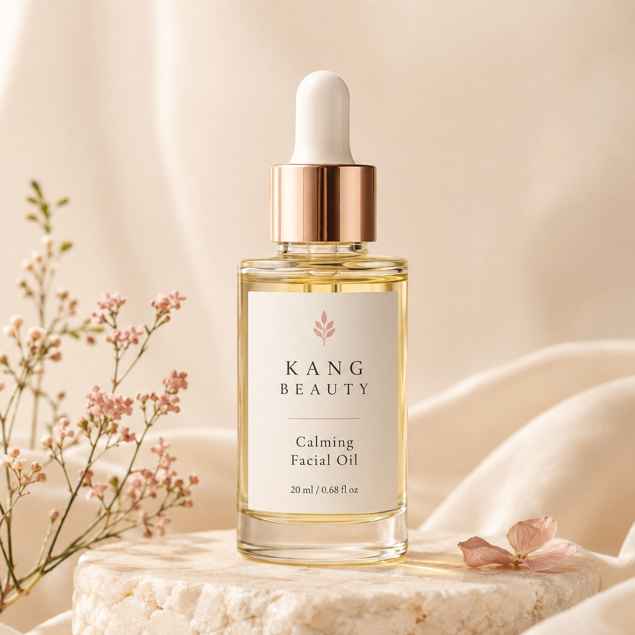 Kang Beauty calming facial oil with warm feminine styling