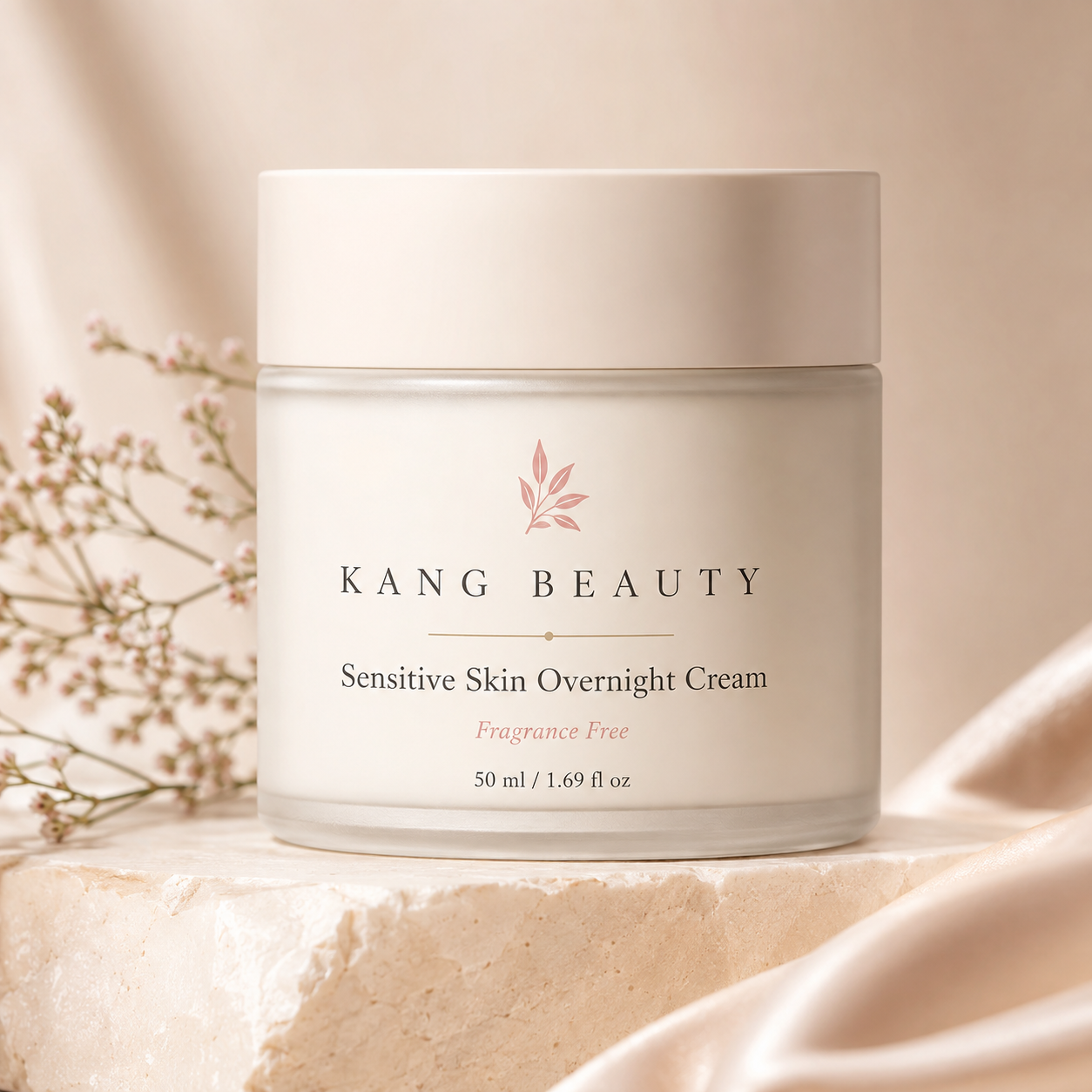 Kang Beauty sensitive skin overnight cream in a warm skincare setting